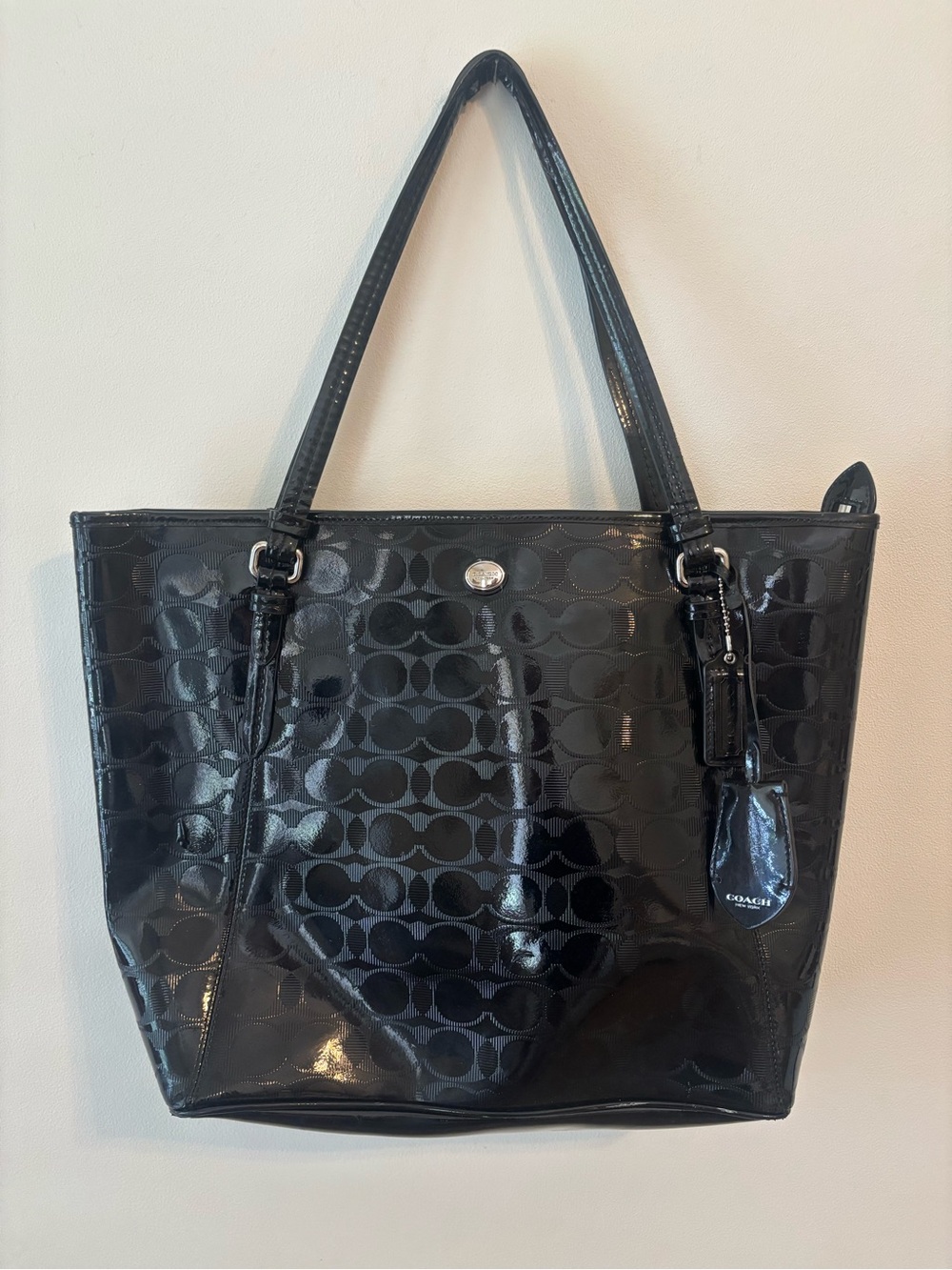 Coach Black Patent Signature Tote with Logo Charm
